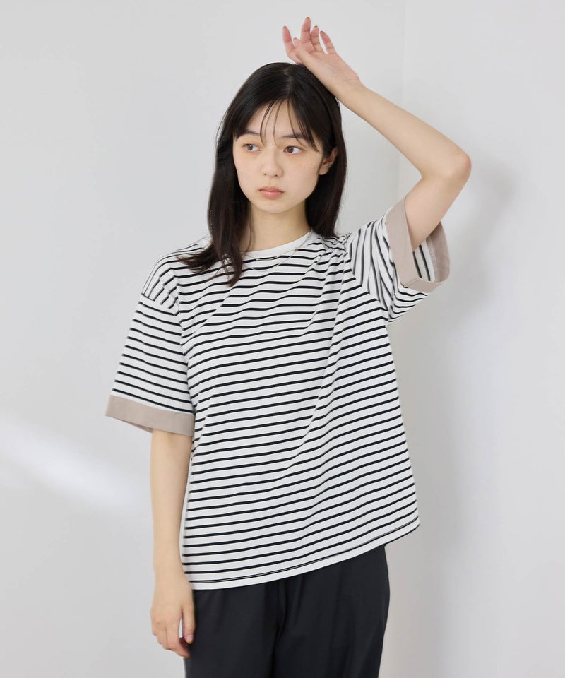 NAVY SARARI 袖配色プレーティング クルーネック Tシャツ レディース メール便 対応商品商品画像-1