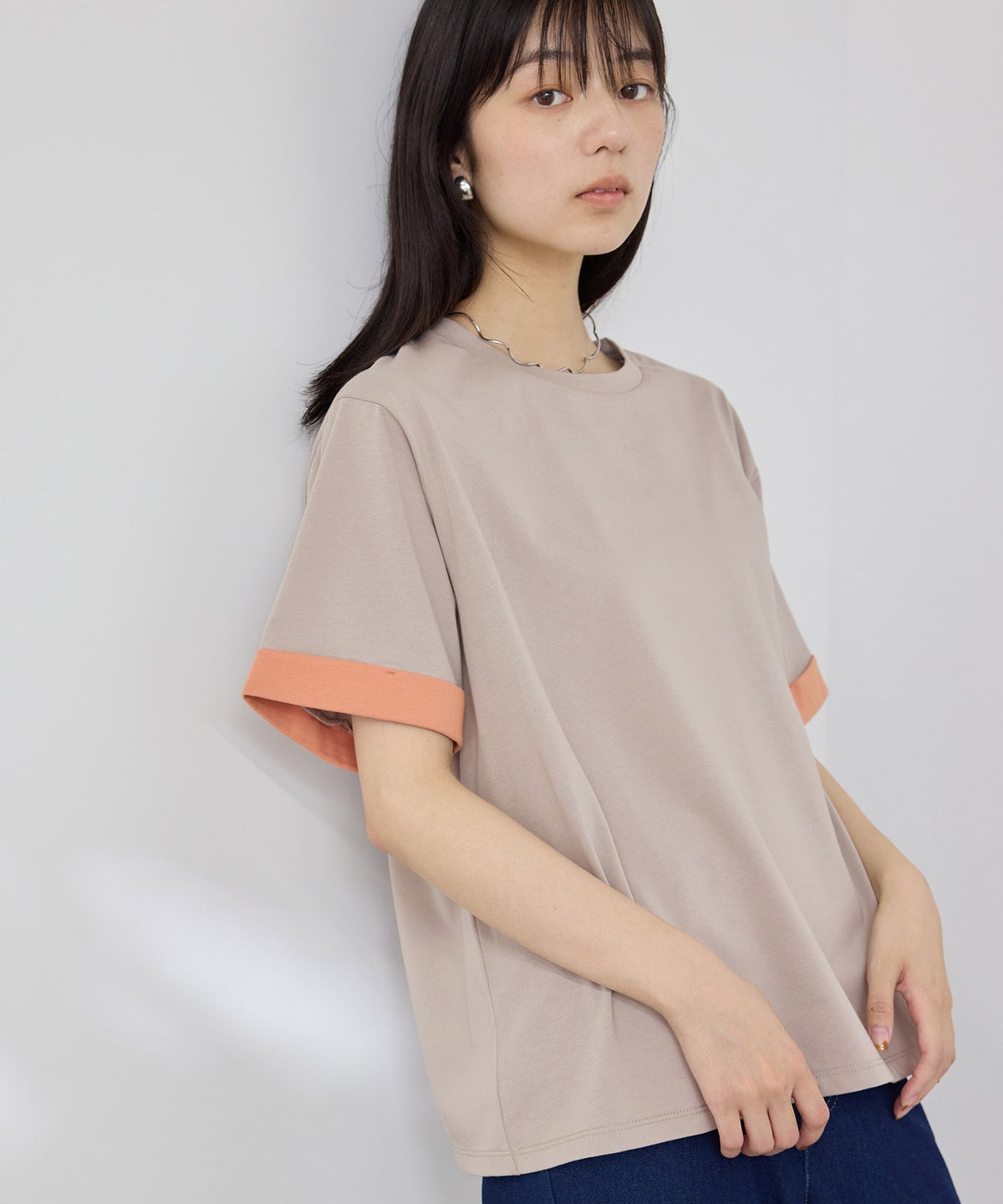 NAVY SARARI 袖配色プレーティング クルーネック Tシャツ レディース メール便 対応商品