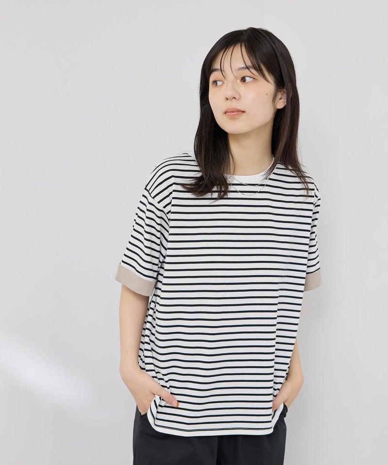 NAVY SARARI 袖配色プレーティング クルーネック Tシャツ レディース メール便 対応商品商品画像-4