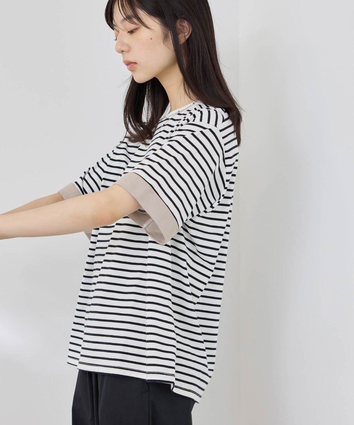 NAVY SARARI 袖配色プレーティング クルーネック Tシャツ レディース メール便 対応商品