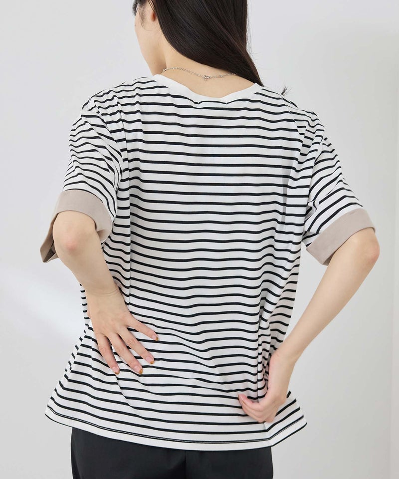 NAVY SARARI 袖配色プレーティング クルーネック Tシャツ レディース メール便 対応商品商品画像-6
