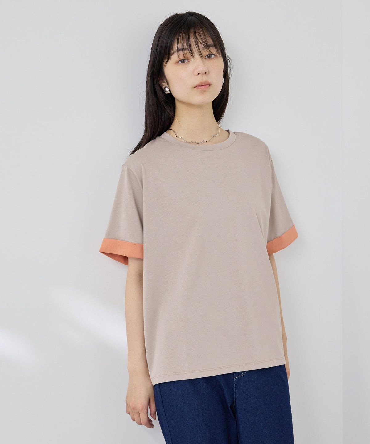 NAVY SARARI 袖配色プレーティング クルーネック Tシャツ レディース メール便 対応商品