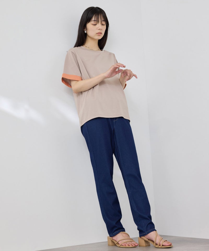 NAVY  SARARI 袖配色プレーティング クルーネック Tシャツ レディース メール便 対応商品商品画像-10