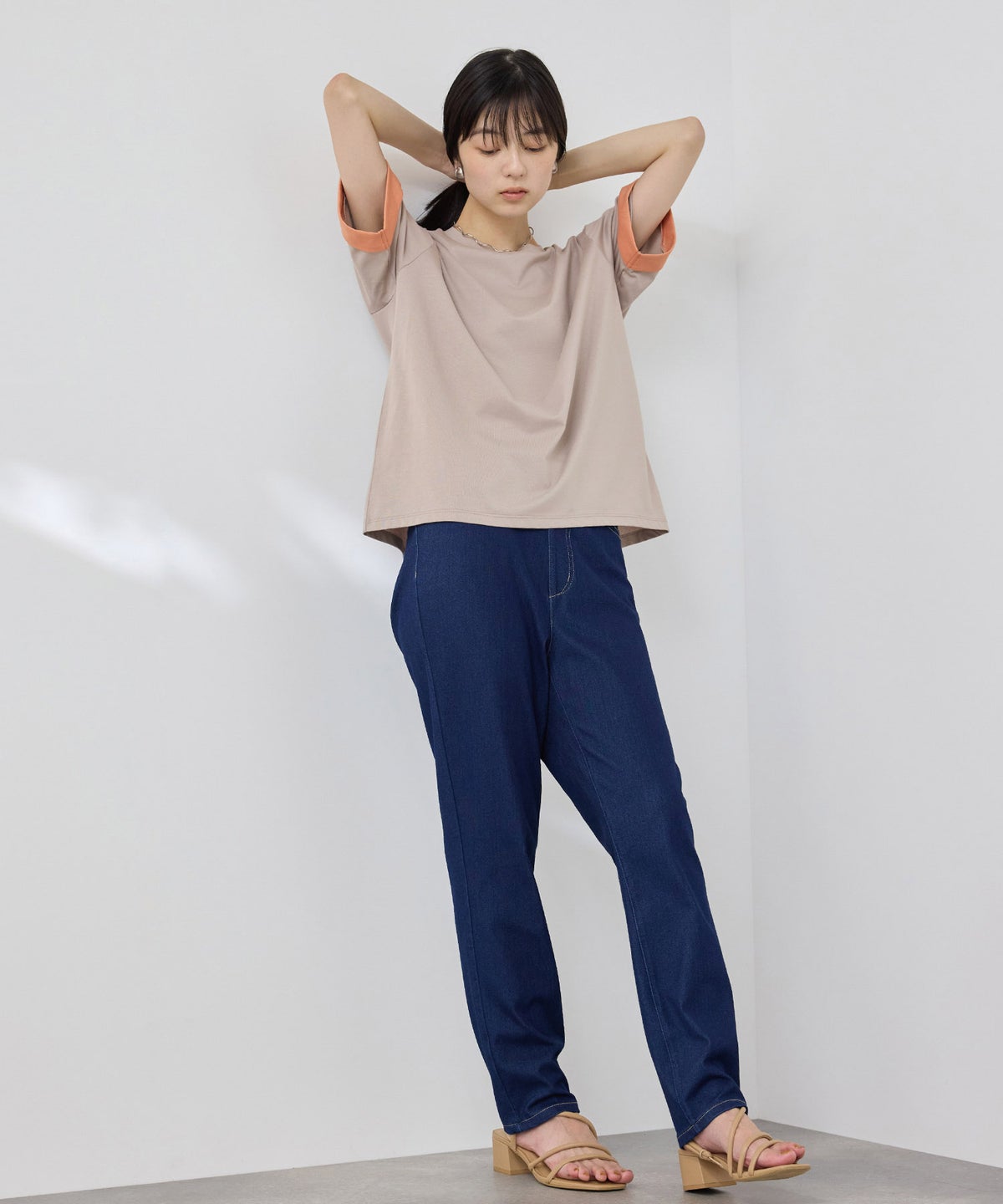 NAVY SARARI 袖配色プレーティング クルーネック Tシャツ レディース メール便 対応商品