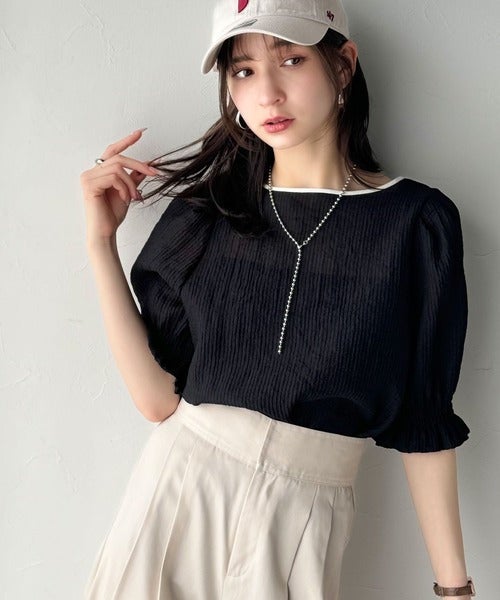 Classical Elf 涼しげ＆透明感◎配色パイピング バルーンフリルスリーブ楊柳ブラウス（プルオーバー）商品画像-13