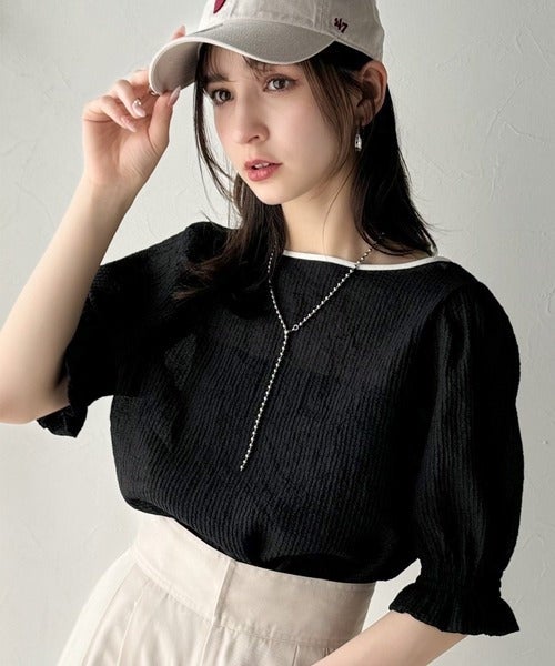 Classical Elf 涼しげ＆透明感◎配色パイピング バルーンフリルスリーブ楊柳ブラウス（プルオーバー）商品画像-14