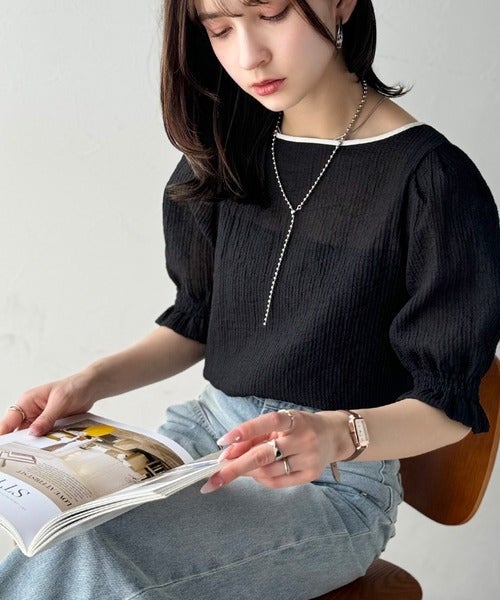Classical Elf 涼しげ＆透明感◎配色パイピング バルーンフリルスリーブ楊柳ブラウス（プルオーバー）商品画像-18