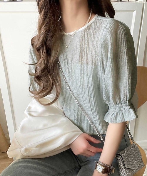 Classical Elf 涼しげ＆透明感◎配色パイピング バルーンフリルスリーブ楊柳ブラウス（プルオーバー）商品画像-26