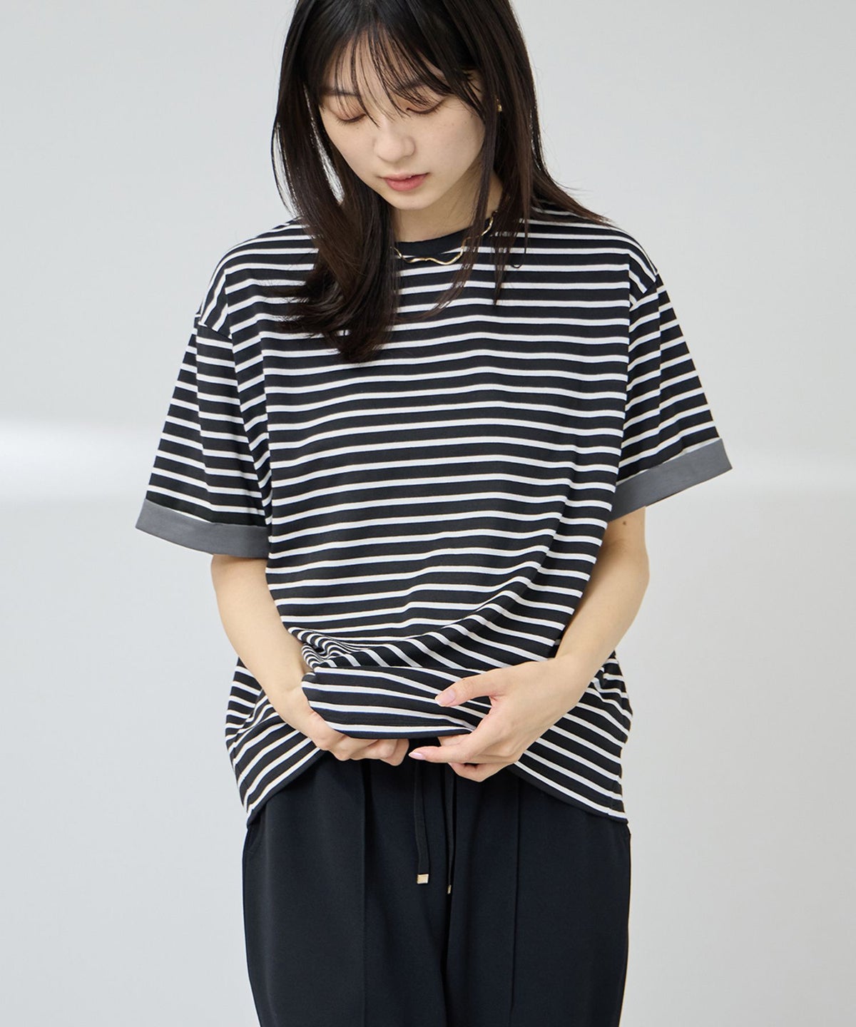 NAVY SARARI 接触冷感 UVカット 袖配色クルーネックTシャツ レディース メール便 対応商品