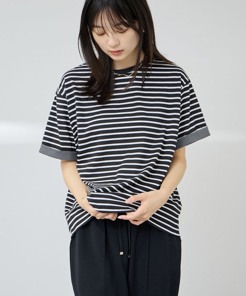 [値下げ]NAVY  SARARI 接触冷感 UVカット 袖配色クルーネックTシャツ レディース メール便 対応商品商品画像-1