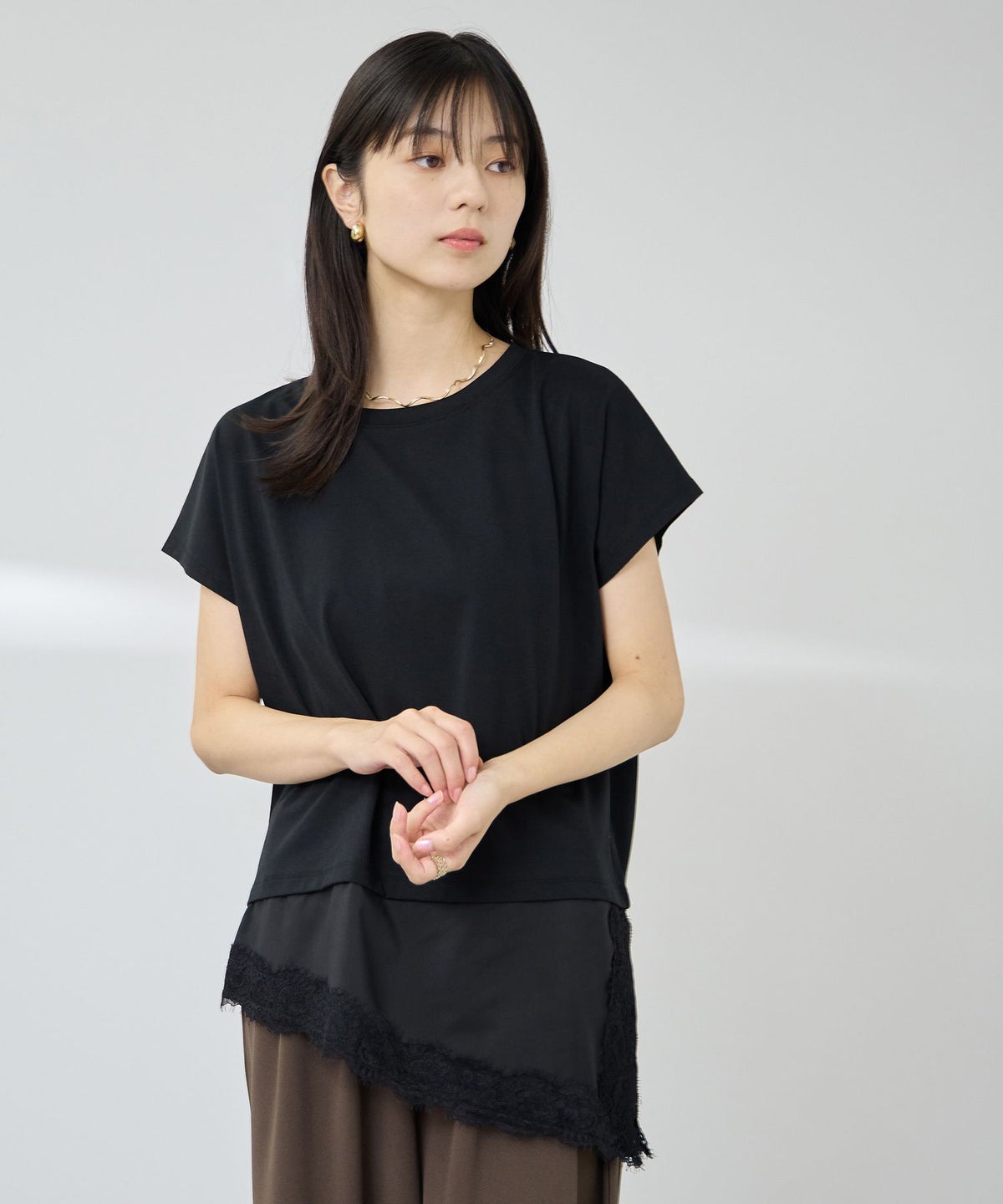 NAVY SARARI 接触冷感 UVカット 裾アシンメトリーレースTシャツ レディース メール便 対応商品