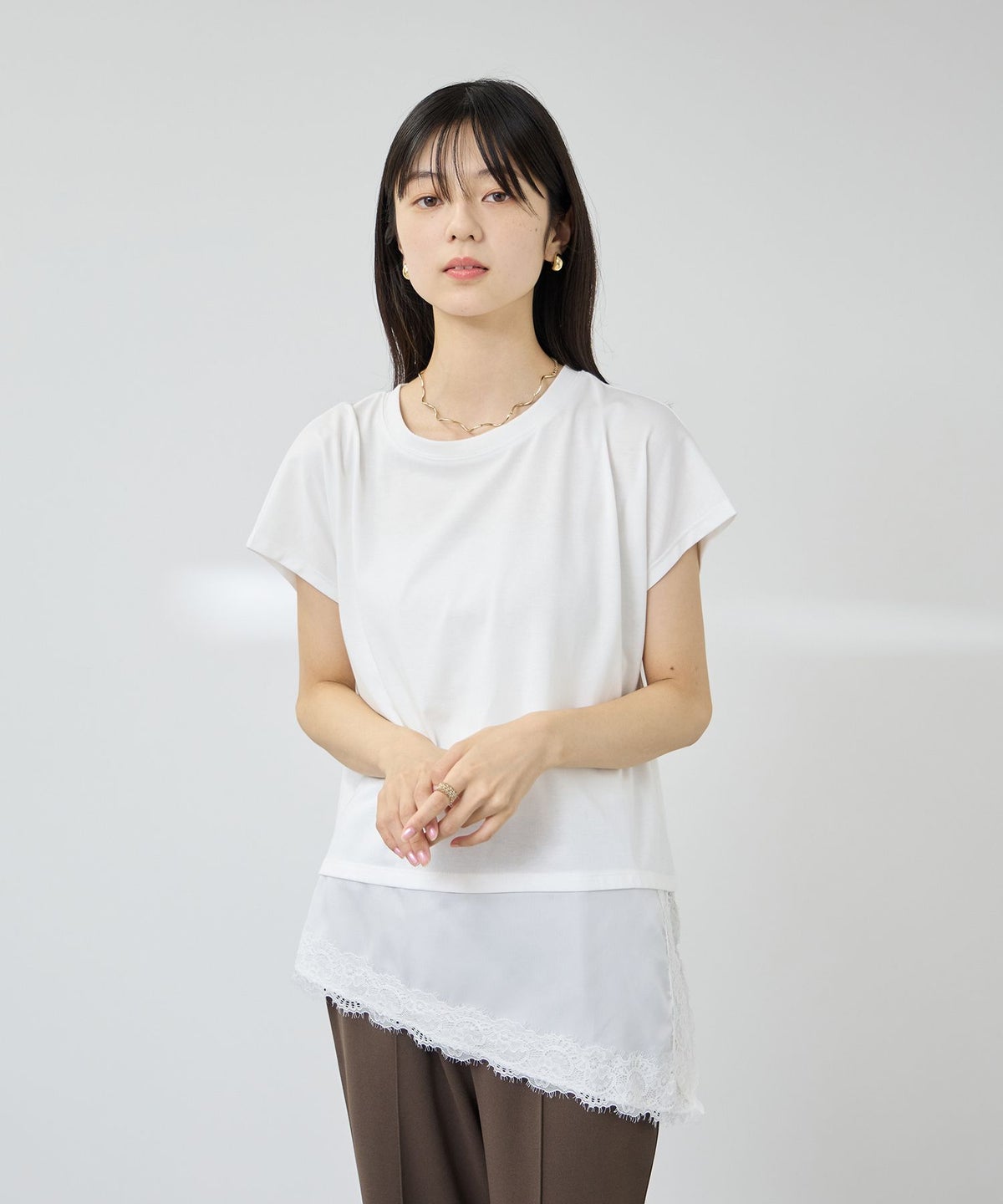 NAVY SARARI 接触冷感 UVカット 裾アシンメトリーレースTシャツ レディース メール便 対応商品