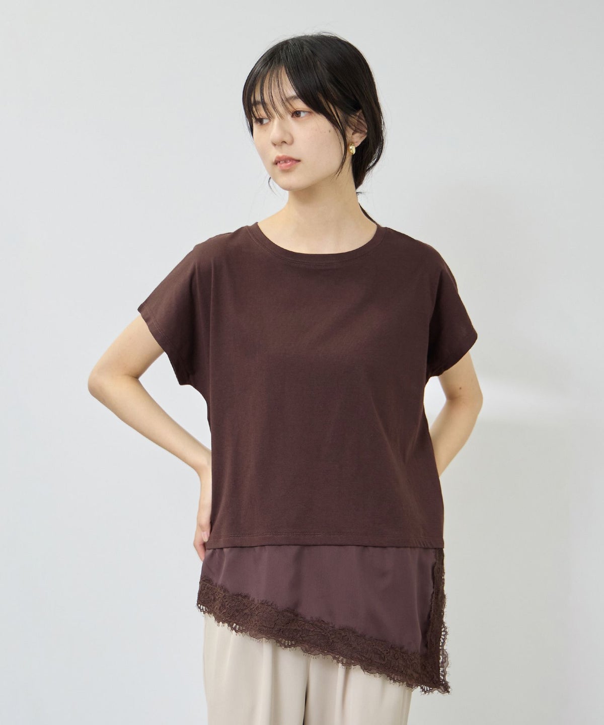 NAVY SARARI 接触冷感 UVカット 裾アシンメトリーレースTシャツ レディース メール便 対応商品