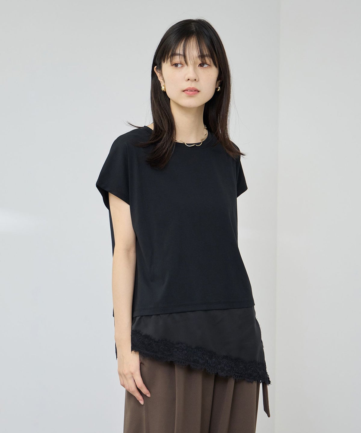 NAVY SARARI 接触冷感 UVカット 裾アシンメトリーレースTシャツ レディース メール便 対応商品