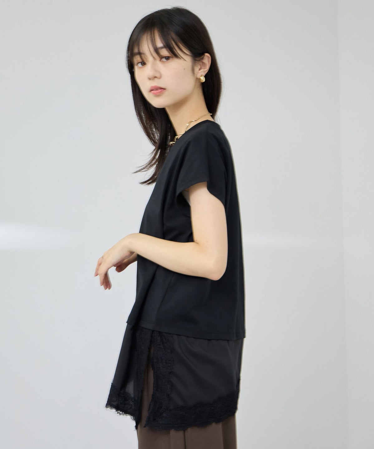 NAVY SARARI 接触冷感 UVカット 裾アシンメトリーレースTシャツ レディース メール便 対応商品