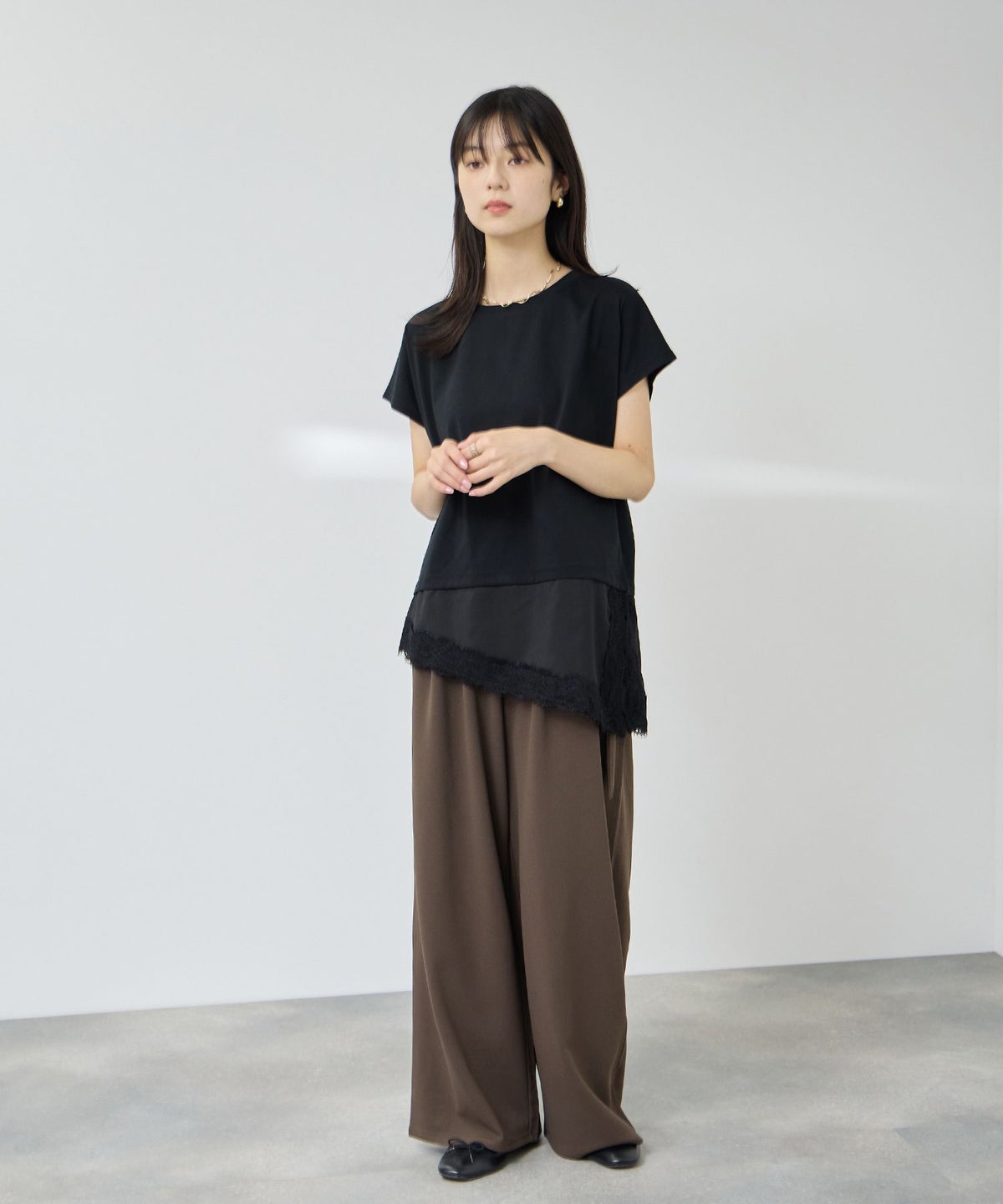 NAVY SARARI 接触冷感 UVカット 裾アシンメトリーレースTシャツ レディース メール便 対応商品