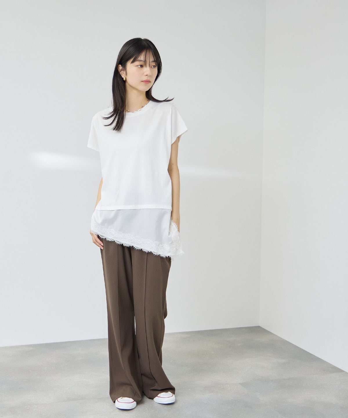 NAVY SARARI 接触冷感 UVカット 裾アシンメトリーレースTシャツ レディース メール便 対応商品