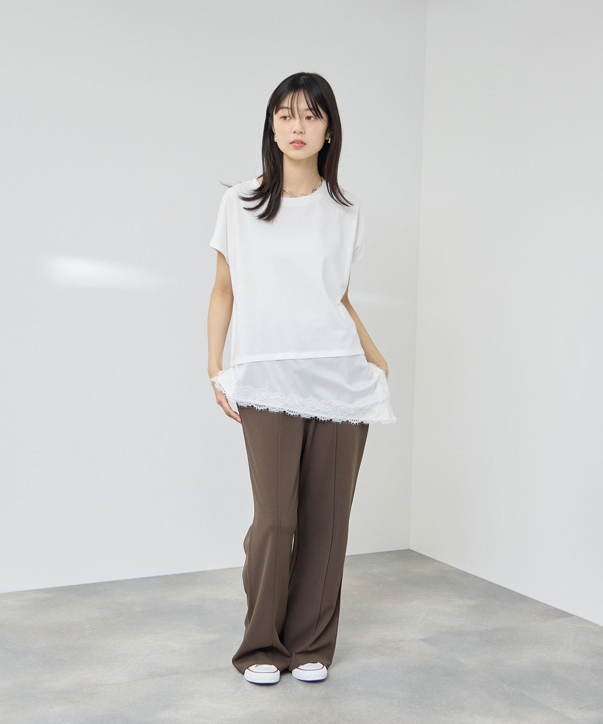 NAVY SARARI 接触冷感 UVカット 裾アシンメトリーレースTシャツ レディース メール便 対応商品
