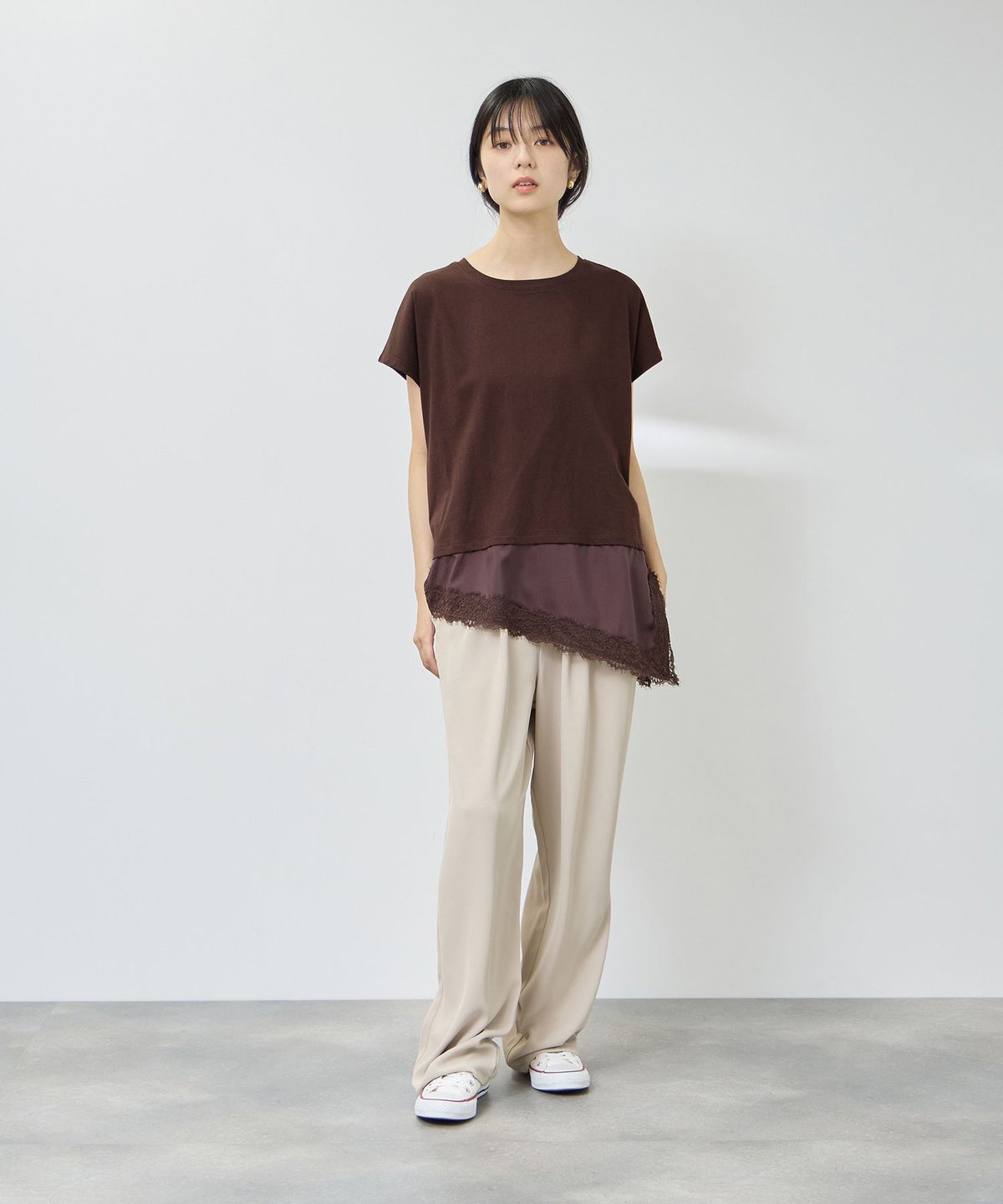 NAVY SARARI 接触冷感 UVカット 裾アシンメトリーレースTシャツ レディース メール便 対応商品