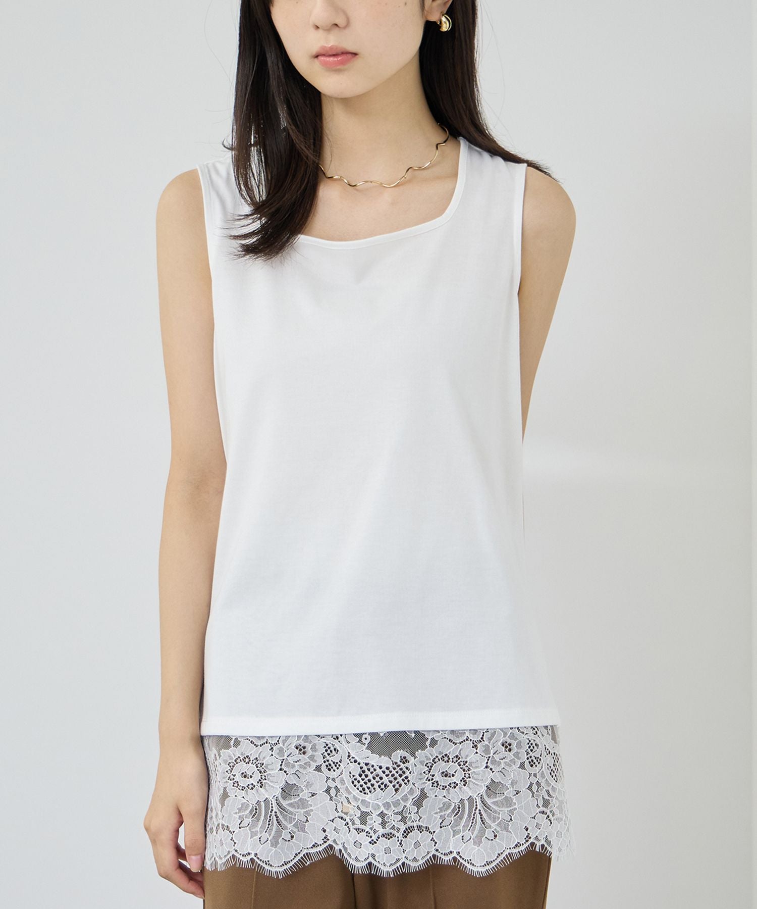 NAVY SARARI 接触冷感 UVカット スクエアネック裾レースタンクトップ