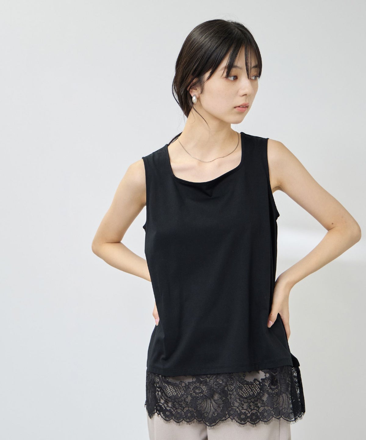 NAVY SARARI 接触冷感 UVカット スクエアネック裾レースタンクトップ レディース メール便 対応商品