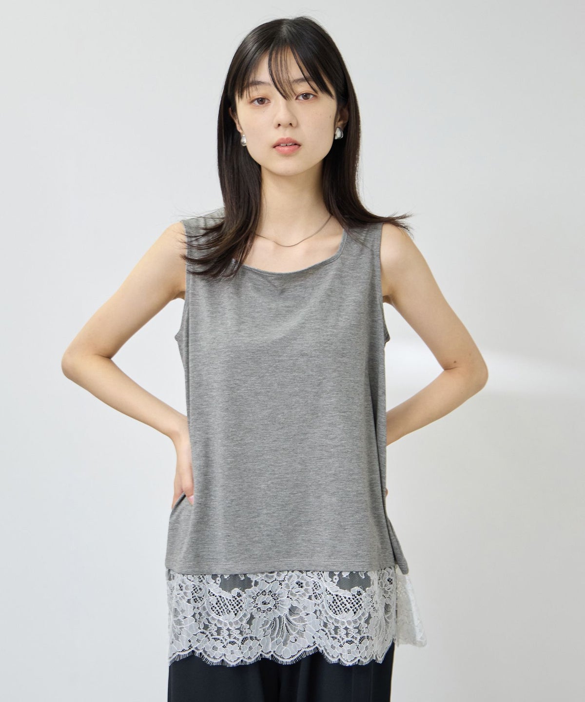 NAVY SARARI 接触冷感 UVカット スクエアネック裾レースタンクトップ レディース メール便 対応商品