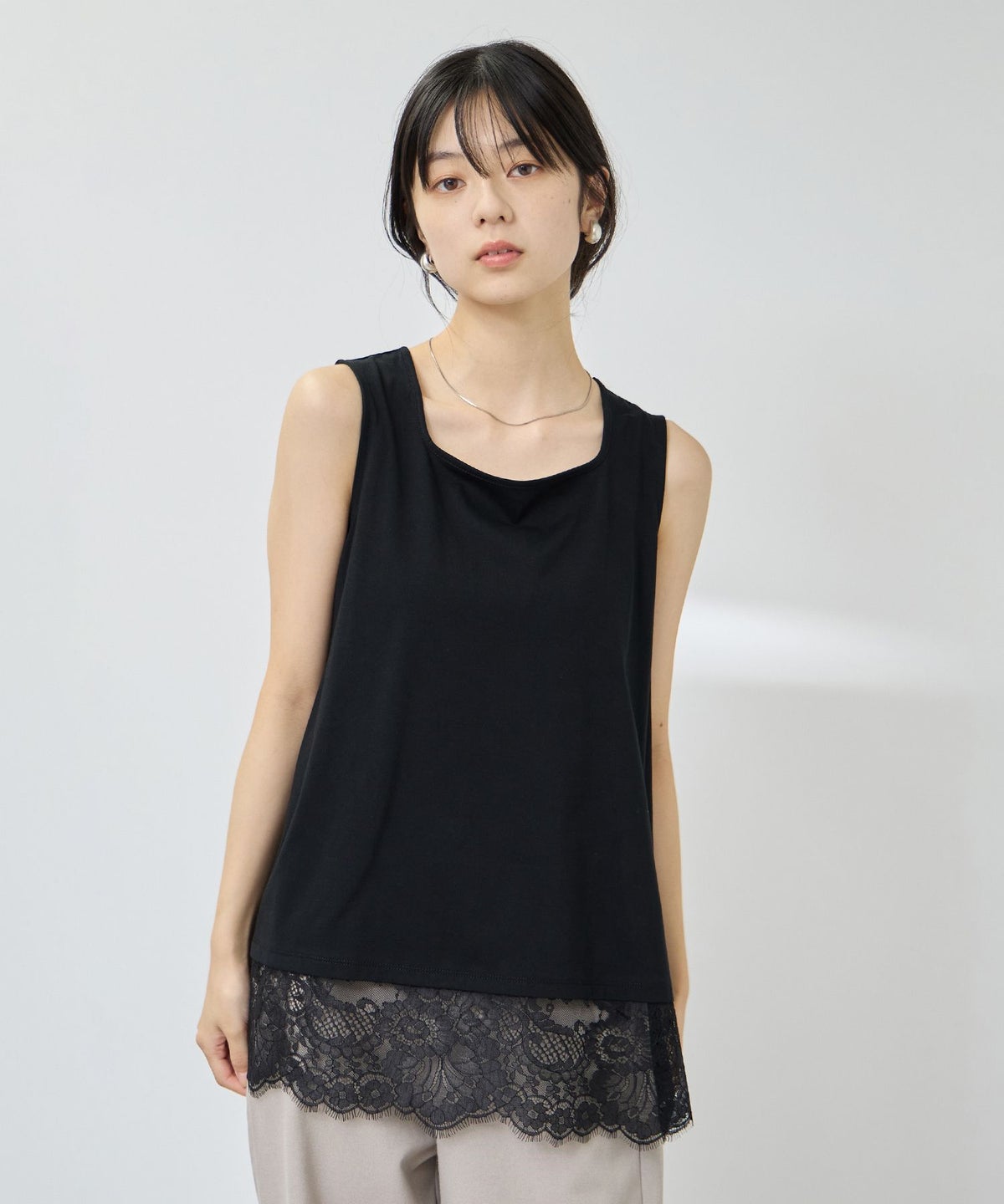 NAVY SARARI 接触冷感 UVカット スクエアネック裾レースタンクトップ レディース メール便 対応商品