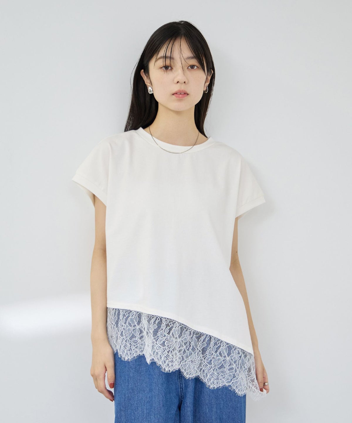 Idnes レイヤードデザイン アシンメトリーレースTシャツ レディース メール便 対応商品