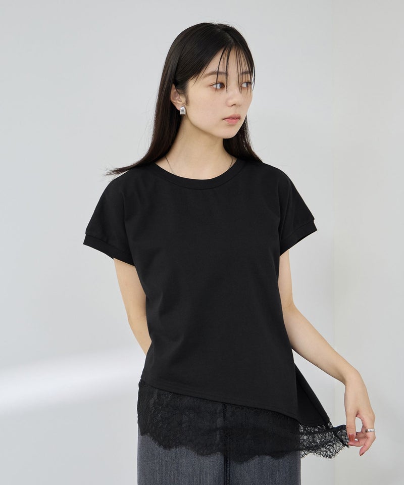 Idnes  レイヤードデザイン アシンメトリーレースTシャツ レディース メール便 対応商品商品画像-2