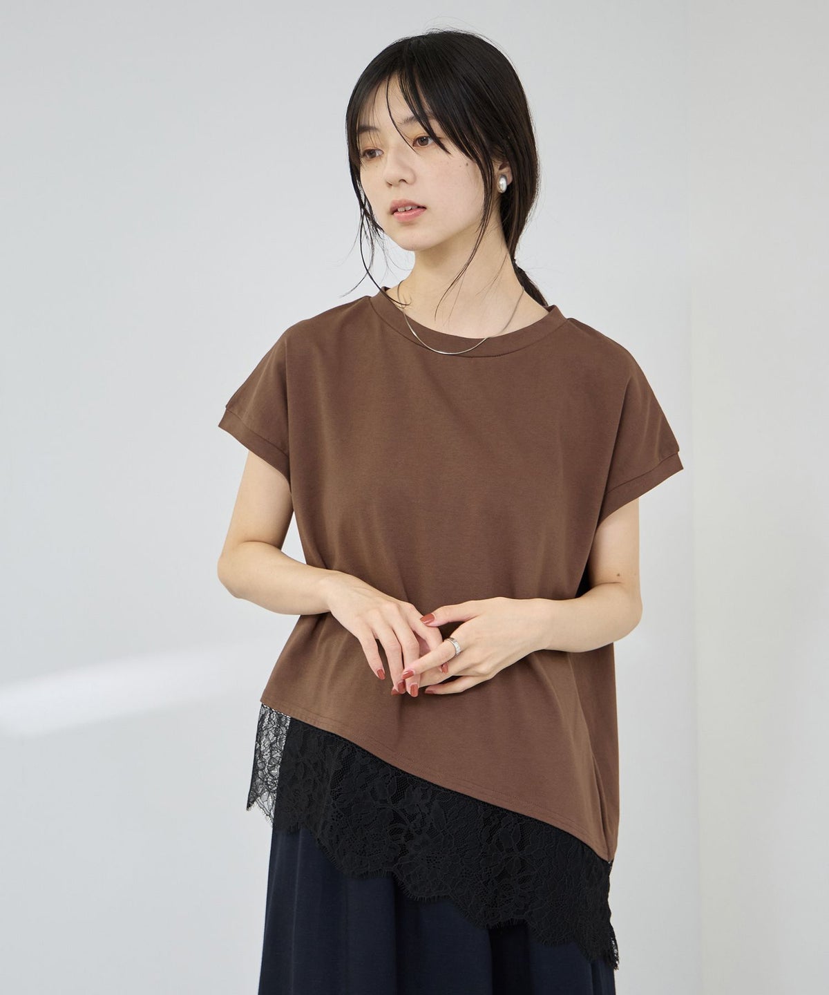 Idnes レイヤードデザイン アシンメトリーレースTシャツ レディース メール便 対応商品