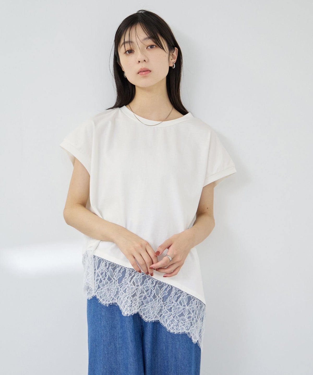 Idnes レイヤードデザイン アシンメトリーレースTシャツ レディース メール便 対応商品