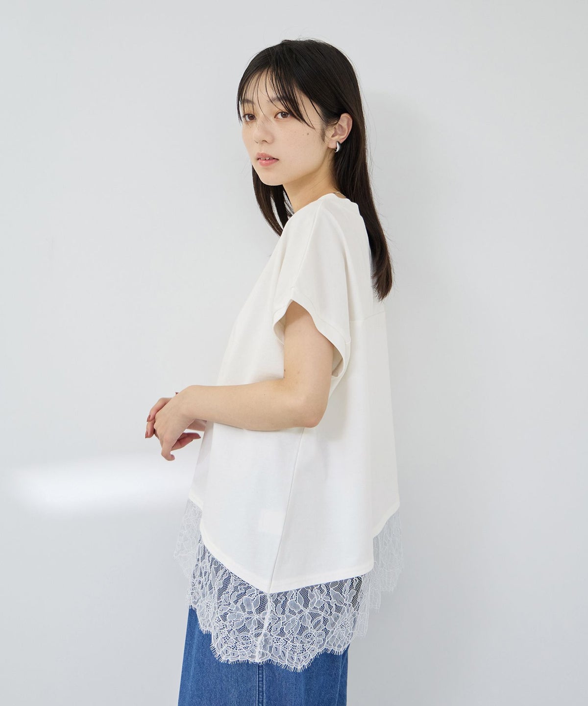Idnes レイヤードデザイン アシンメトリーレースTシャツ レディース メール便 対応商品