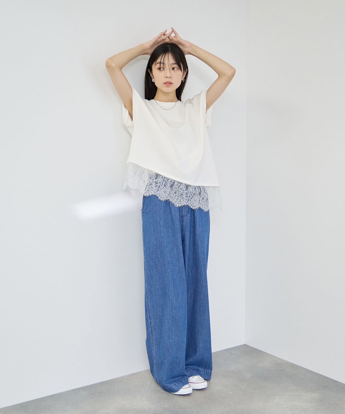 Idnes レイヤードデザイン アシンメトリーレースTシャツ レディース メール便 対応商品
