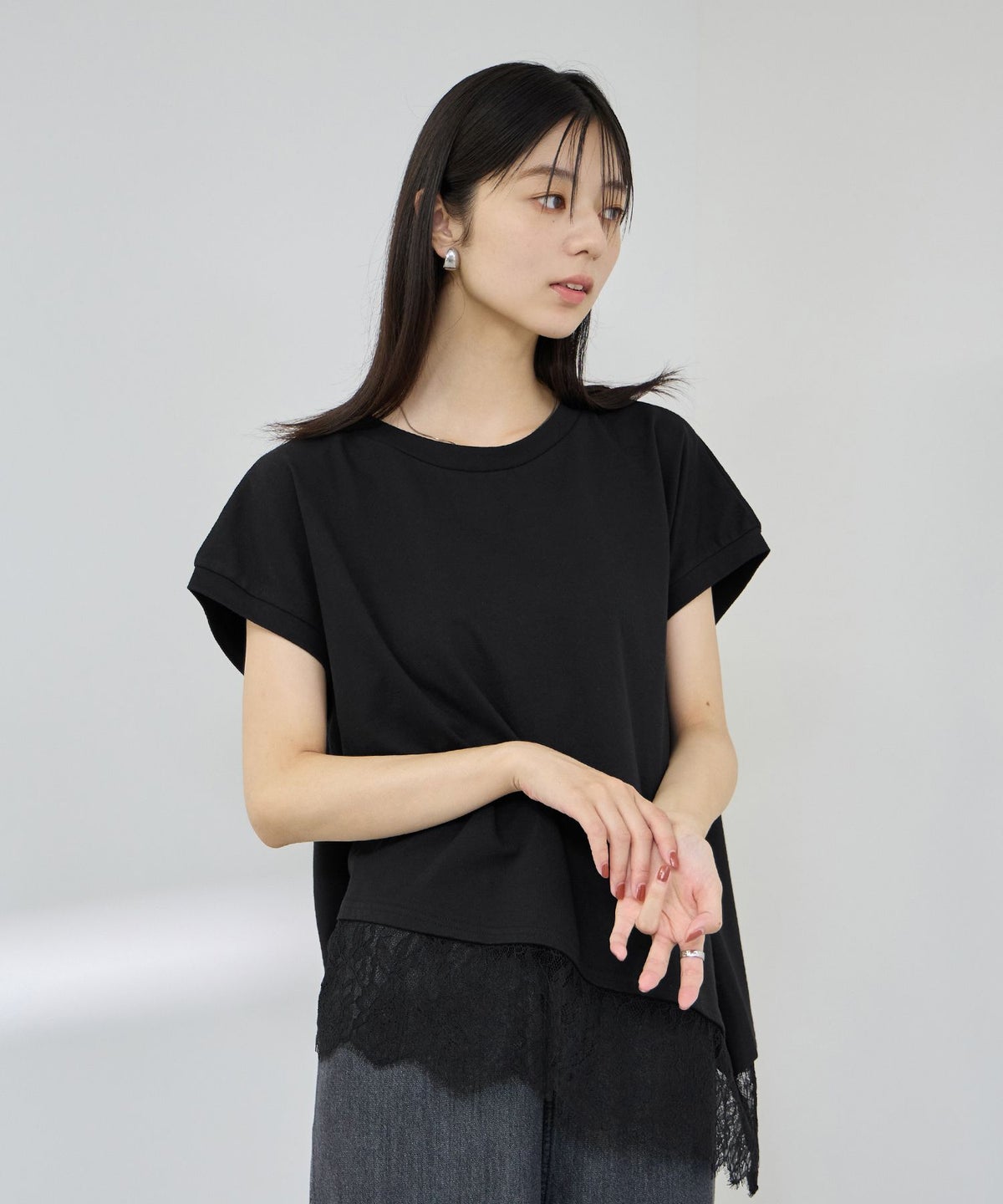 Idnes レイヤードデザイン アシンメトリーレースTシャツ レディース メール便 対応商品