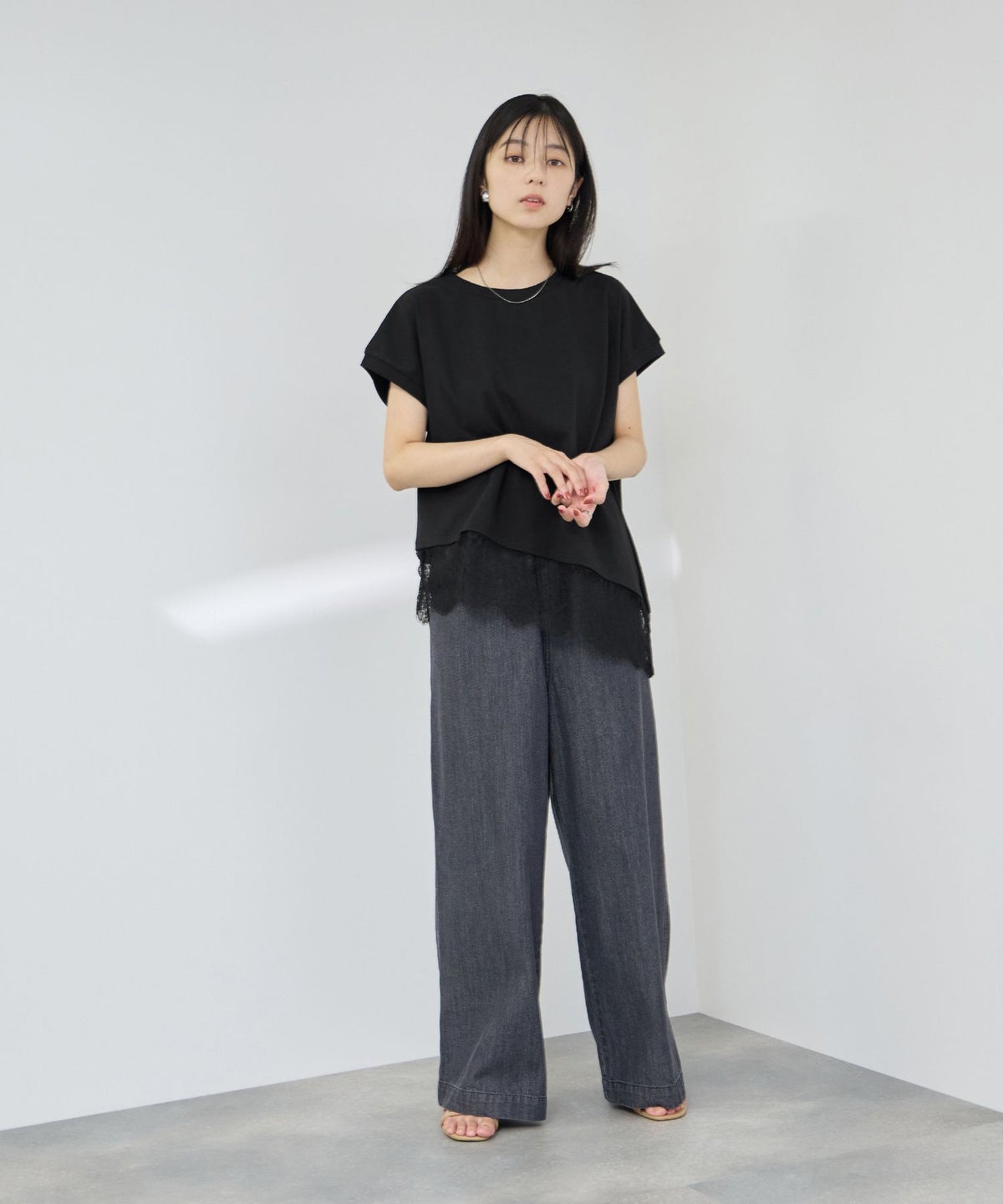 Idnes レイヤードデザイン アシンメトリーレースTシャツ レディース メール便 対応商品