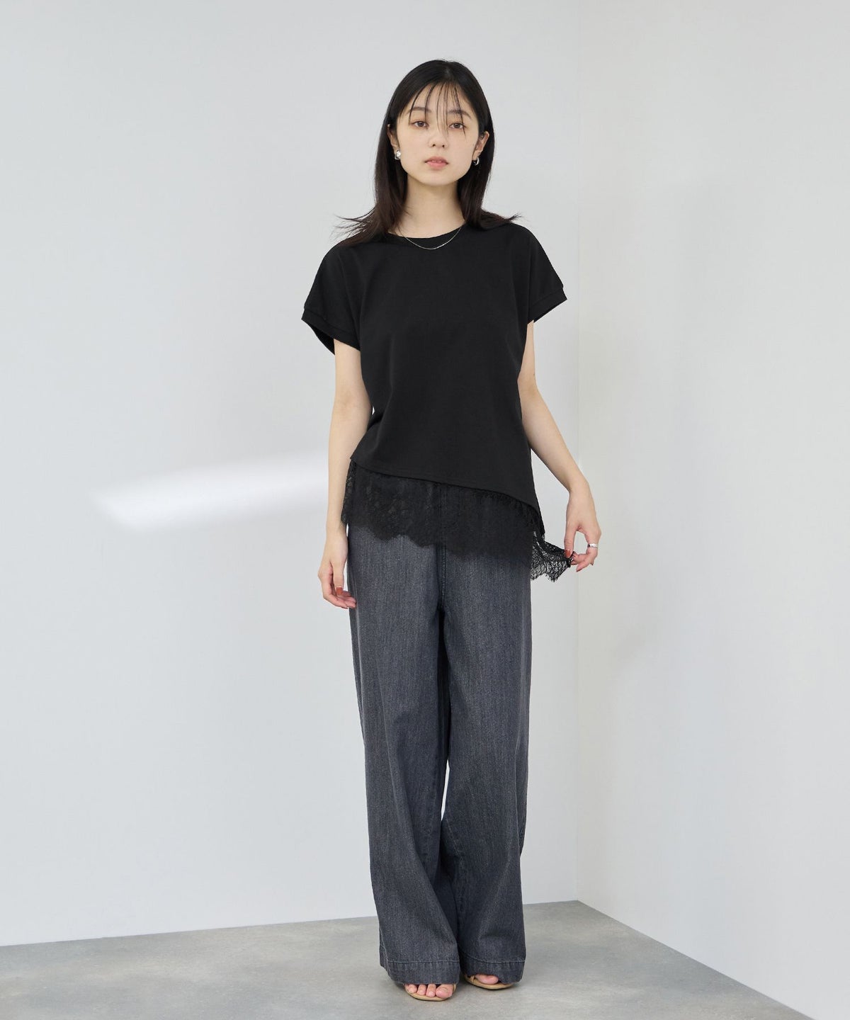 Idnes レイヤードデザイン アシンメトリーレースTシャツ レディース メール便 対応商品