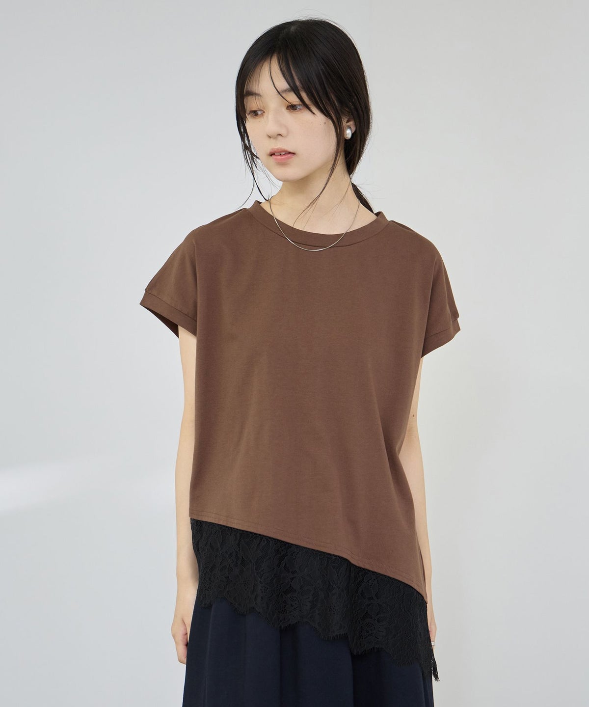 Idnes レイヤードデザイン アシンメトリーレースTシャツ レディース メール便 対応商品