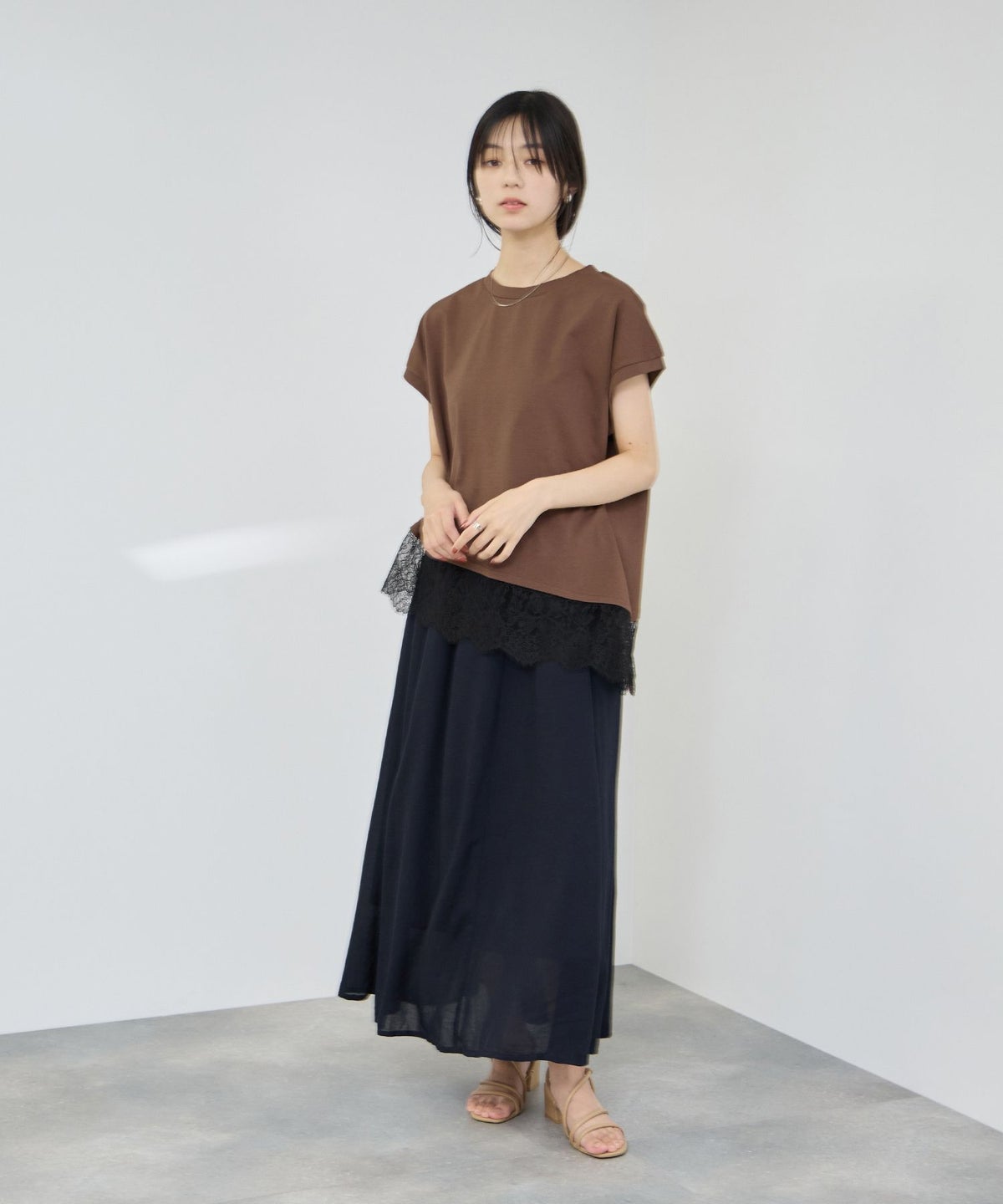 Idnes レイヤードデザイン アシンメトリーレースTシャツ レディース メール便 対応商品