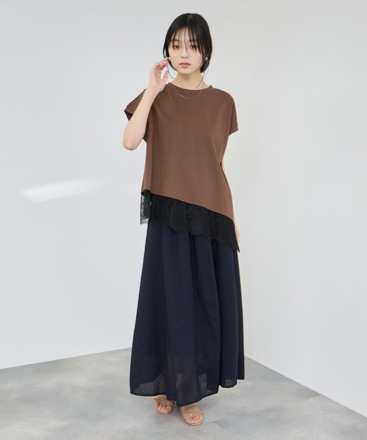 Idnes レイヤードデザイン アシンメトリーレースTシャツ レディース メール便 対応商品