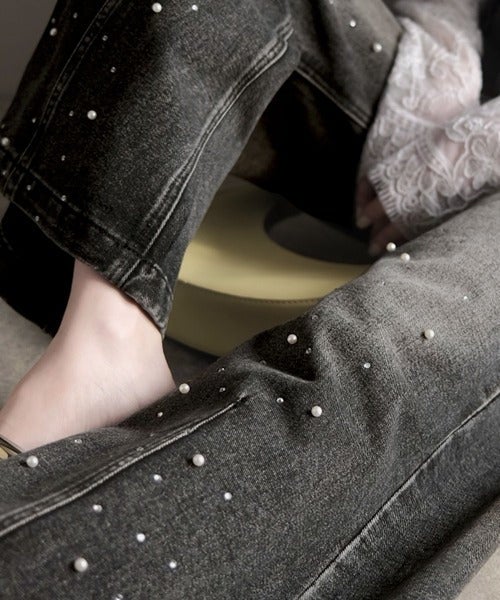 Classical Elf 【mily bilet】カジュアルにきらめきを。パールビジューワイドストレートデニムパンツ商品画像-4