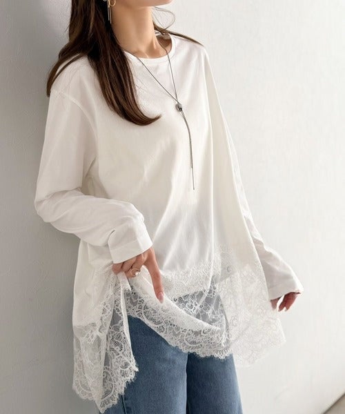 Classical Elf 大人のきれいめカジュアル、体型も美しくカバー。裾レースカットソードッキングTシャツ（長袖）商品画像-7