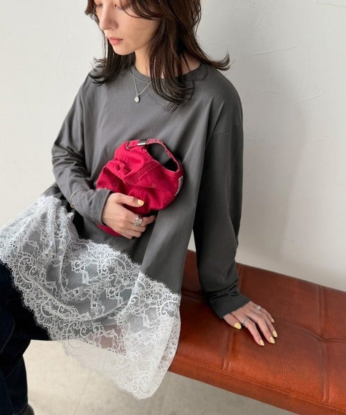 Classical Elf 大人のきれいめカジュアル、体型も美しくカバー。裾レースカットソードッキングTシャツ（長袖）商品画像-29