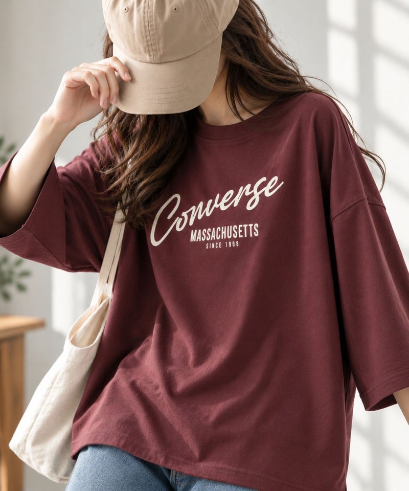 CONVERSE  ワイドシルエット ロゴ8分袖Tシャツ レディース メール便 対応商品商品画像-1
