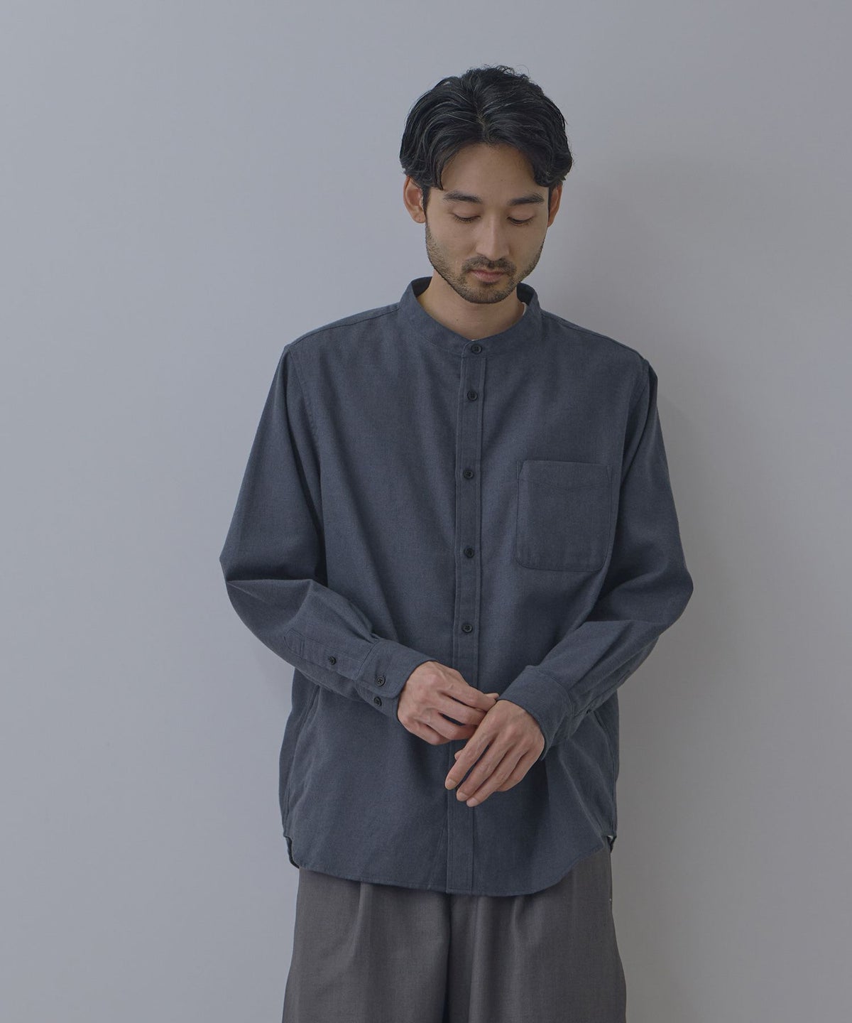 NAVY ソフトフランネルバンドカラーシャツ 無地 メンズ
