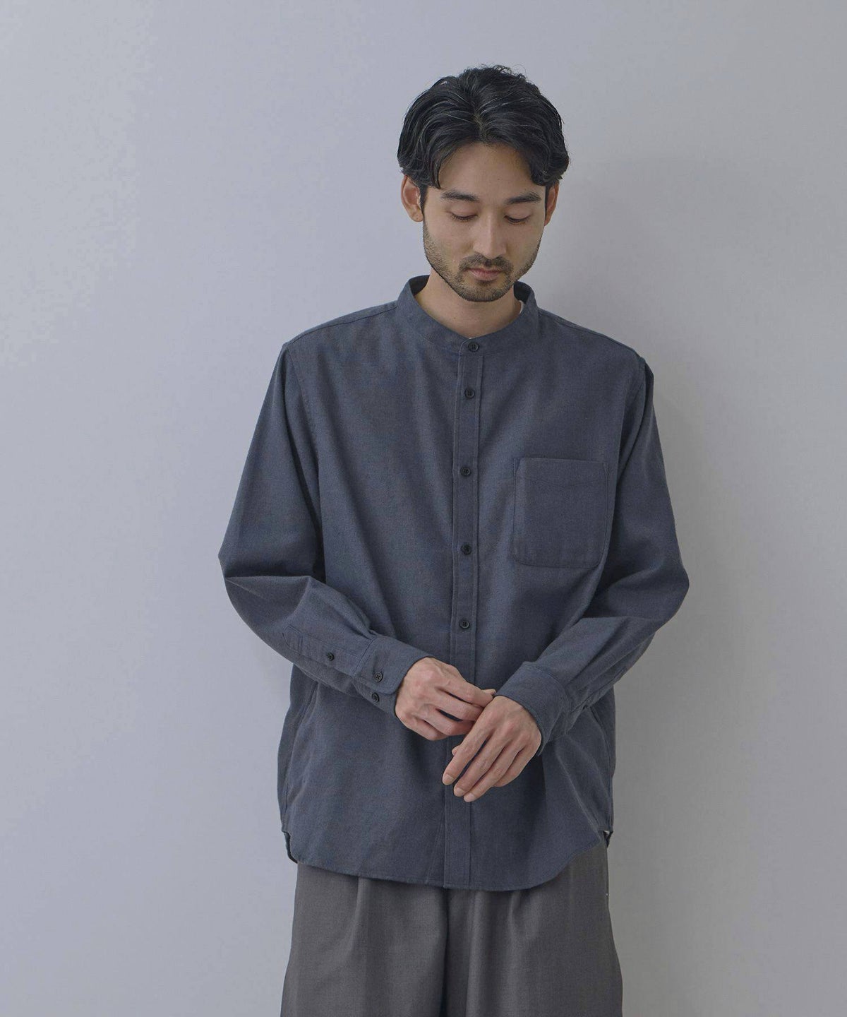NAVY ソフトフランネルバンドカラーシャツ 無地 メンズ