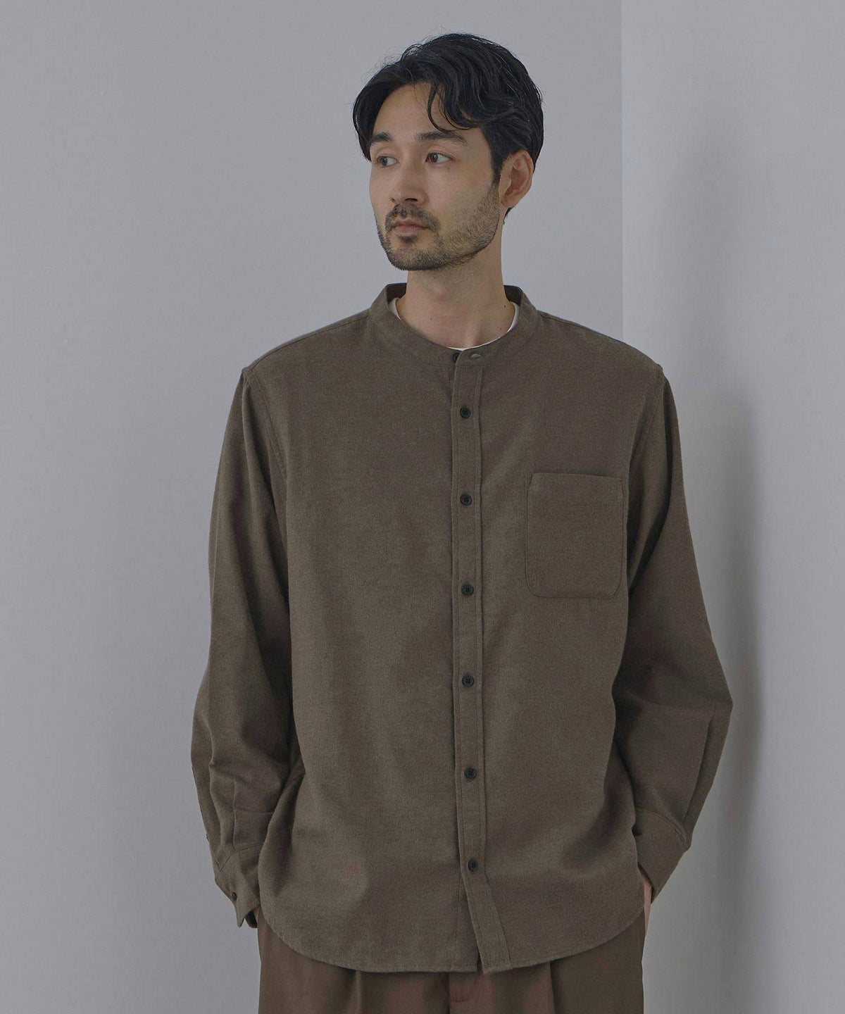 NAVY ソフトフランネルバンドカラーシャツ 無地 メンズ