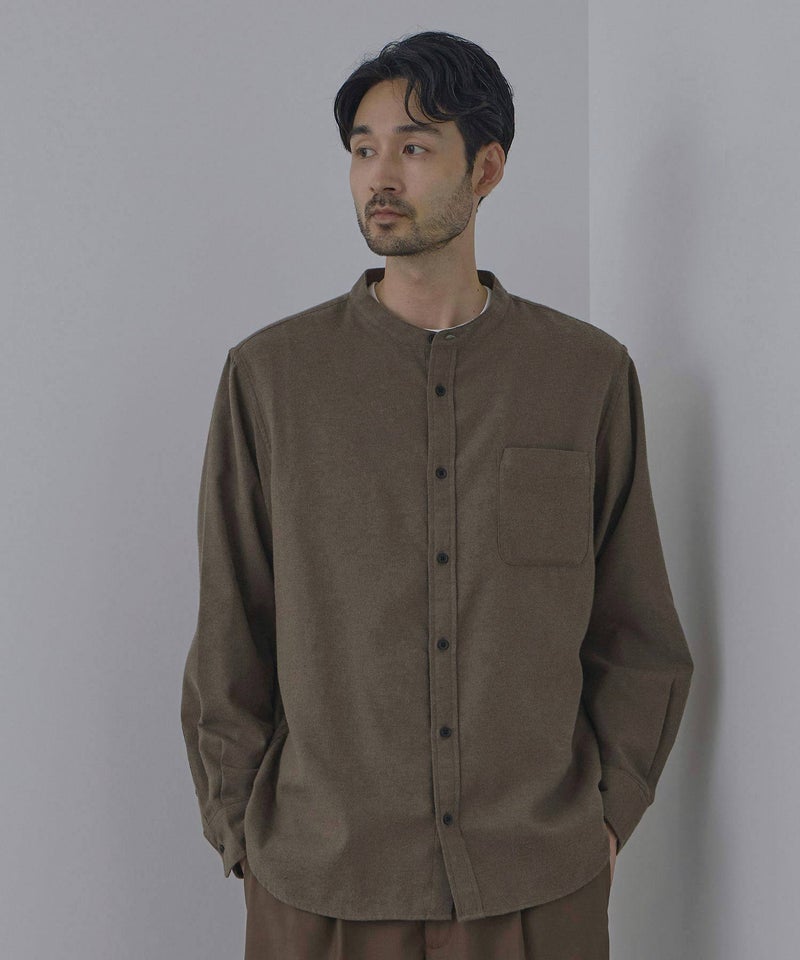NAVY ソフトフランネルバンドカラーシャツ 無地 メンズ商品画像-4