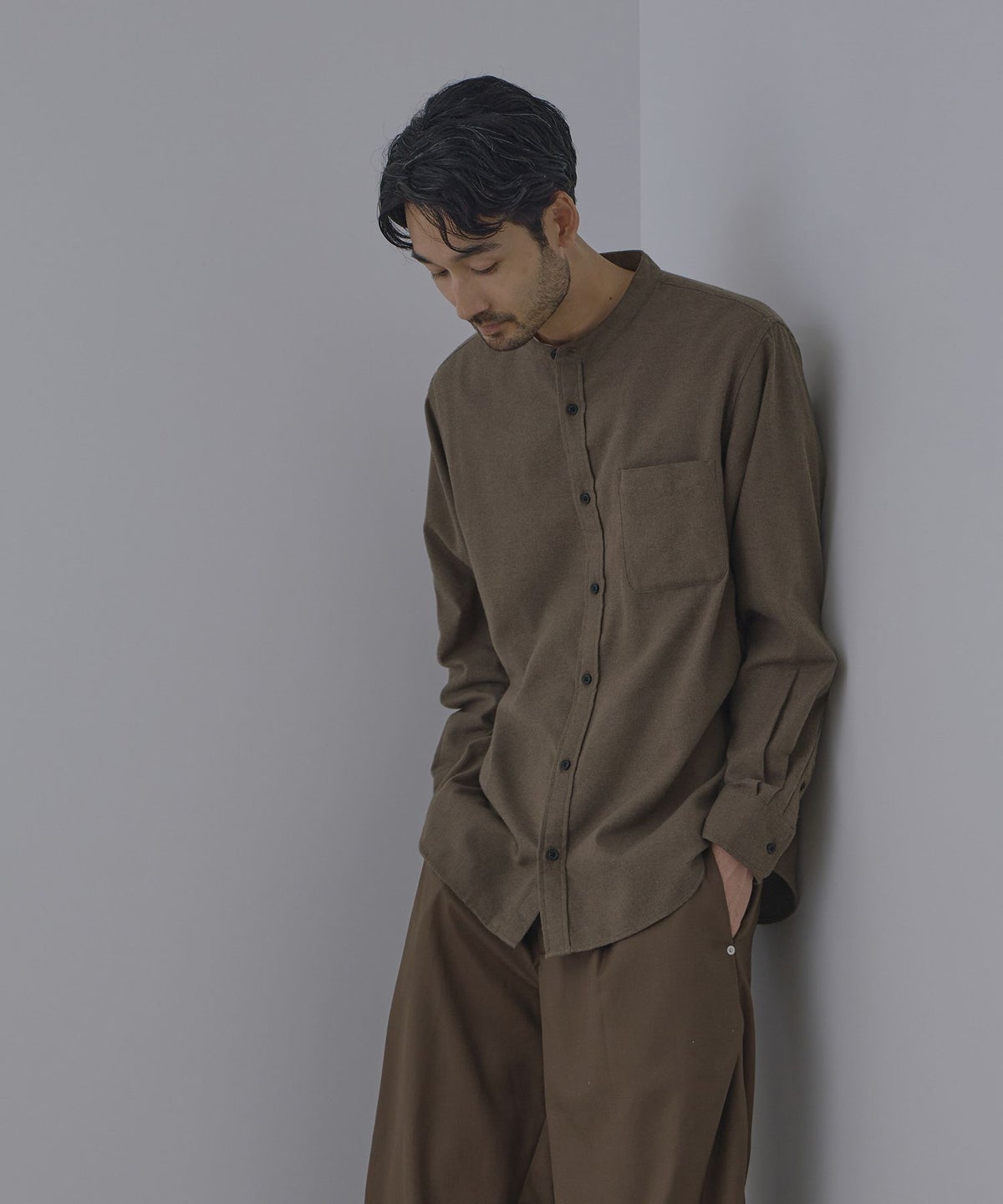 NAVY ソフトフランネルバンドカラーシャツ 無地 メンズ