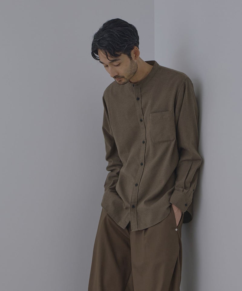 NAVY ソフトフランネルバンドカラーシャツ 無地 メンズ商品画像-5