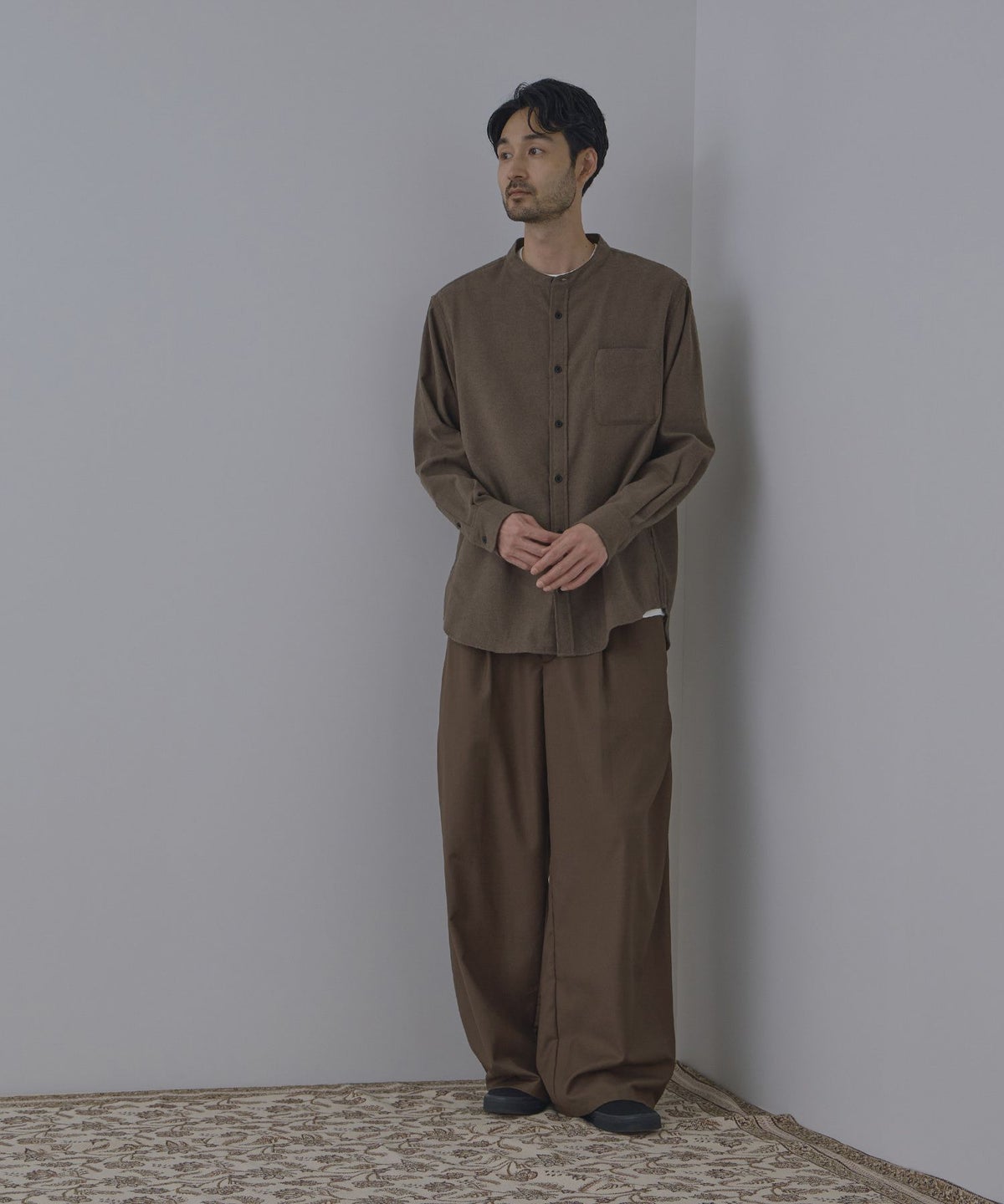 NAVY ソフトフランネルバンドカラーシャツ 無地 メンズ